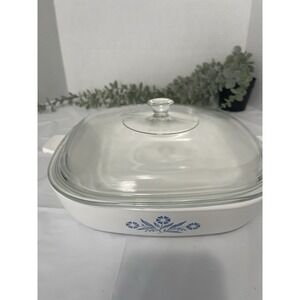 Rare Vintage Pyrex Corning Ware Blue Cornflower P-10-B 10 inch Stamped w/lid